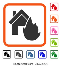House Fire Disaster icon. Flat grey pictogram symbol inside an orange rounded frame. Black, gray, green, blue, red, orange color variants of House Fire Disaster vector.