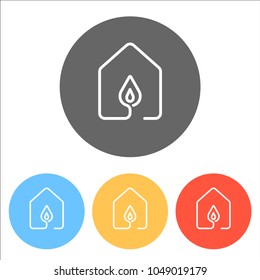 house with fire flames icon. line style. Set of white icons on c