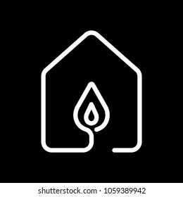 house with fire flames icon. line style. White icon on black background. Inversion