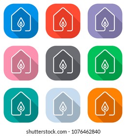 house with fire flames icon. line style. Set of white icons on c