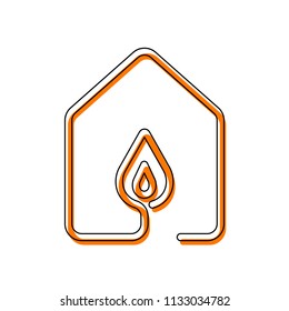 house with fire flames icon. line style. Isolated icon consisting of black thin contour and orange moved filling on different layers. White background
