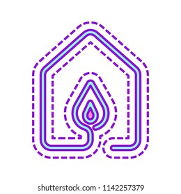 house with fire flames icon. line style. Colored sketch with dotted border on white background