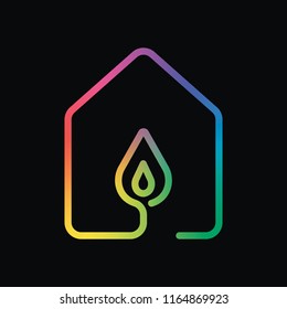 house with fire flames icon. line style. Rainbow color and dark background
