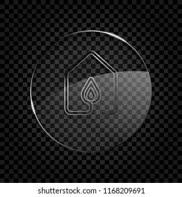 house with fire flames icon. line style. Icon in circle glass bubble on dark transparent grid. Glass style
