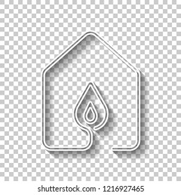 house with fire flames icon. line style. White outline sign with shadow on transparent background