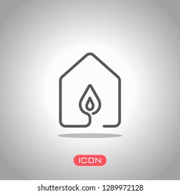house with fire flames icon. line style. Icon under spotlight. Gray background