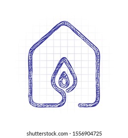 house with fire flames icon. line style. Hand drawn sketched picture with scribble fill. Blue ink. Doodle on white background