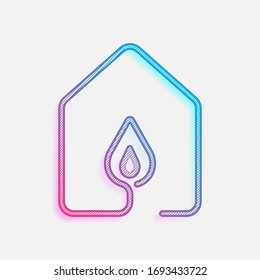 Haus mit Brandschutzsymbol. Linienstil. Farbiges Logo mit diagonalen Linien und blauem Farbverlauf. Neongrafik, Lichteffekt