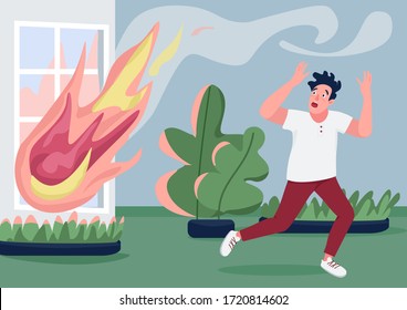 House fire flat color vector illustration. Man running from fire in panic 2D cartoon character with burning home on background. Emergency accident, property destruction. Stressful situation, disaster