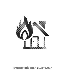 House fire icon in halftone style. Black and white monochrome vector illustration.
