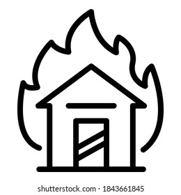Icono de casa en fuego. Casa de esquema en icono de vector de fuego para diseño web aislado en fondo blanco