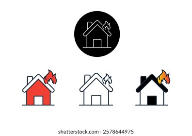 House Fire Icon Set. Burning house, fire safety, home insurance, fire department. Vector editable stroke icon.