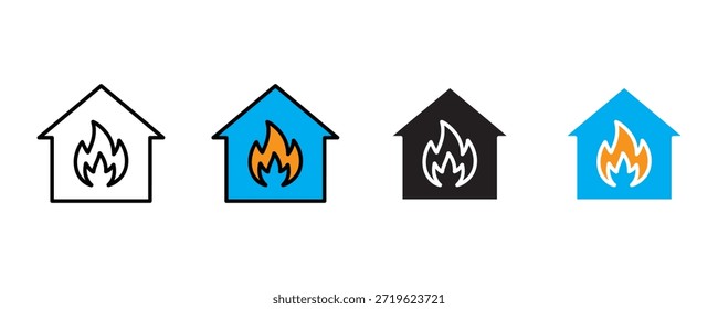 Icono del fuego de la casa fijado Vector en el fondo blanco. seguridad, advertencia, llamas, hogar, símbolo ardiente. Ilustración vectorial.
