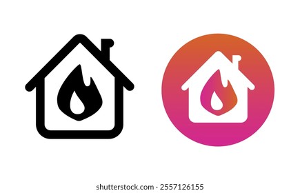 House fire icon simple, home flame alarm safety security system vector sign symbol minimal line stroke graphic illustration set, solid black glyph burn igniting warning silhouette logo image clip art