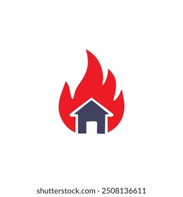 Symboldesign für das Symbol des Hausfeuers. Ein einfaches Ikonendesign mit einem Haus in Flammen. Dieses Icon eignet sich perfekt für den Einsatz in der Sicherheitsbeschilderung oder als Symbol für die Brandverhütung.