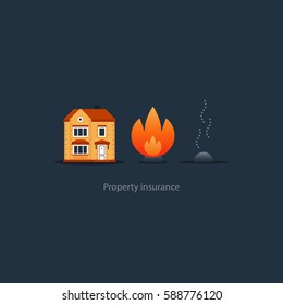 House fire insurance icon, burning home, vector illustration
