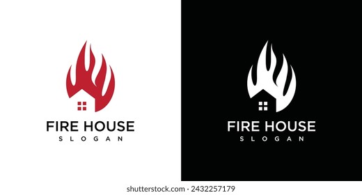 house and fire logo vector icon illustration. fire house logo design template elements