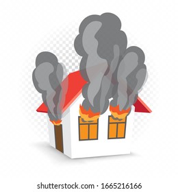 House in fire vector illustration on white transparent background. Home building burning
