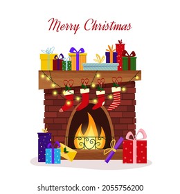 House fireplace with Christmas decoration and gift boxes. Square Red brick fireplace on white background. Flat vector illustration