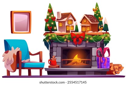 House fireplace in Christmas interior cartoon. Cozy winter xmas decoration with garland, present and armchair. New Year holiday celebration in decorated apartment with fire place illustration