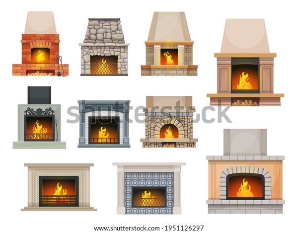 House\
fireplace with firewood flames. Home open cartoon vector hearth\
fireplaces made of bricks, stone and decorated ceramic tiles\
mantel, metal grates, poker and shove, wood\
chunks