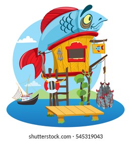 House fisherman. Cartoon illustration of a wooden hut on stilts near the river. Drawing for gaming mobile applications.