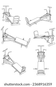 House fit total trainer. Gym equipment on white background vector illustration. Different fitness equipment for muscle building. Workout and training concept.
