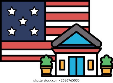 A house and a flag are shown in a drawing. The house is white and blue, and the flag is red, white, and blue