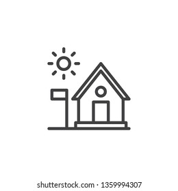 House with flag and sun line icon. linear style sign for mobile concept and web design. Home under sun shine outline vector icon. Recreation symbol, logo illustration. Pixel perfect vector graphics