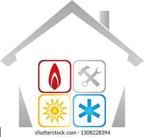 House with flame, sun, snowflake and tools logo