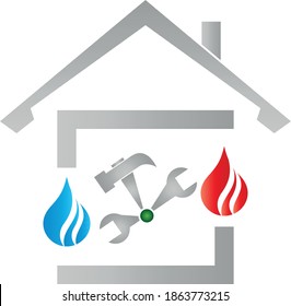 House, flame and water drop, tools, craftsmen and plumbers Logo