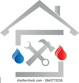 Logotipo de la casa, la llama y la gota de agua, herramientas, artesanos y plomeros