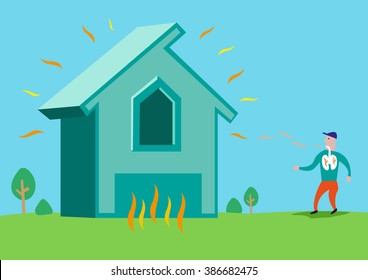 House In Flames Or With Asbestos Or Radon Radiation. Editable Clip Art.