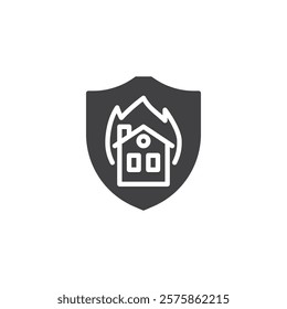 A house with flames in a shield vector icon. filled flat sign for mobile concept and web design. Fire Insurance glyph icon. Safety, fire coverage symbol, logo illustration. Vector graphics