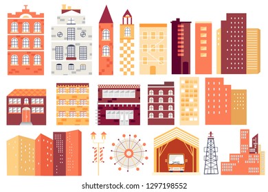 House Flat cartoon Vector illustration..Set buildings and trees. Street cityscape. City landscape with autumn illustrations