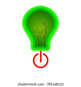 House flat design in the light bulb with power button on white background. Green technology concept. 