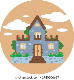 house flat Icon vector.flat design home with trees and flowers in a circle. Isolated private apartment with garden