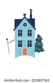Icono de casa plana Decoración del hogar de invierno con árbol de Navidad