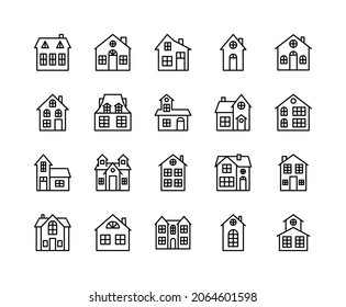 House flat line icons set. Icons of homes and real estate, country house, Cottage, Garage, House and Apartment. Simple flat vector illustration for web site or mobile app.