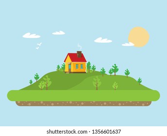 House. Flat style. Mountains and trees.