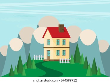 House. Flat style. Mountains and trees.