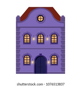 House. Flat style violet old european building. Vector illustration isolated on white background