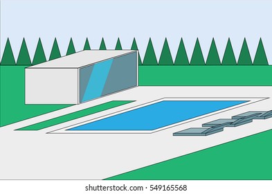 House flat. Vector illustration. House with pool.