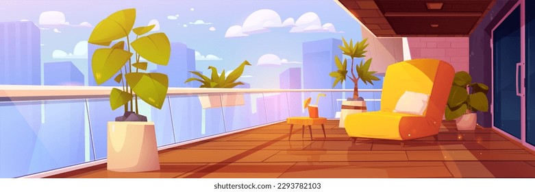 House or flats balcony with garden, furniture and city view. Empty terrace interior with glass fence, railing, plants in pots and chair, vector cartoon illustration