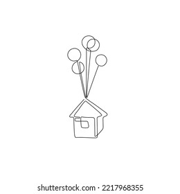 House flies on balloons, family symbol, greeting card, continuous line drawing, tattoo, print for clothes and logo design, isolated abstract vector illustration.