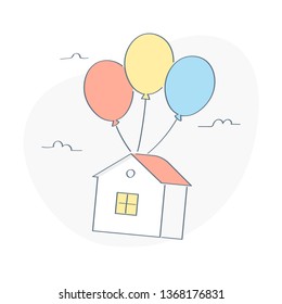 House flies with tethered balloons. Moving, relocation, buying a home, house transportation or comfortable trip. Flat outline vector illustration on white background.