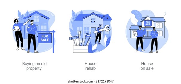 House flipping isolated cartoon vector illustrations set. Young couple buy an old house flippers repairing a building, real estate rehabbing process, put property on sale, get profit vector cartoon.