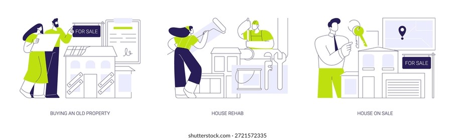 Casa virando ilustrações isoladas do vetor de desenhos animados set. Jovem casal comprar uma velha casa flippers reparação de um edifício, processo de reabilitação imobiliária, colocar a propriedade à venda, obter lucro vetor cartoon.