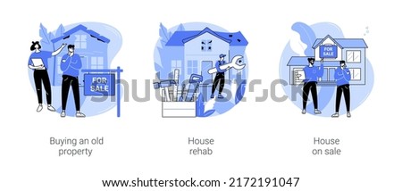 House flipping isolated cartoon vector illustrations set. Young couple buy an old house flippers repairing a building, real estate rehabbing process, put property on sale, get profit vector cartoon.