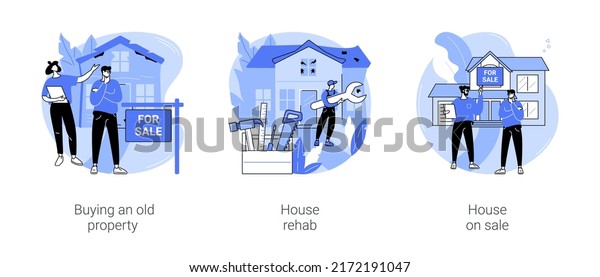 House flipping isolated cartoon vector\
illustrations set. Young couple buy an old house flippers repairing\
a building, real estate rehabbing process, put property on sale,\
get profit vector\
cartoon.